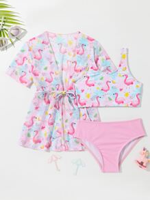 Young Girl Flamingo Print Bikini Set With Kimono Summer Beach - Pink - View 1