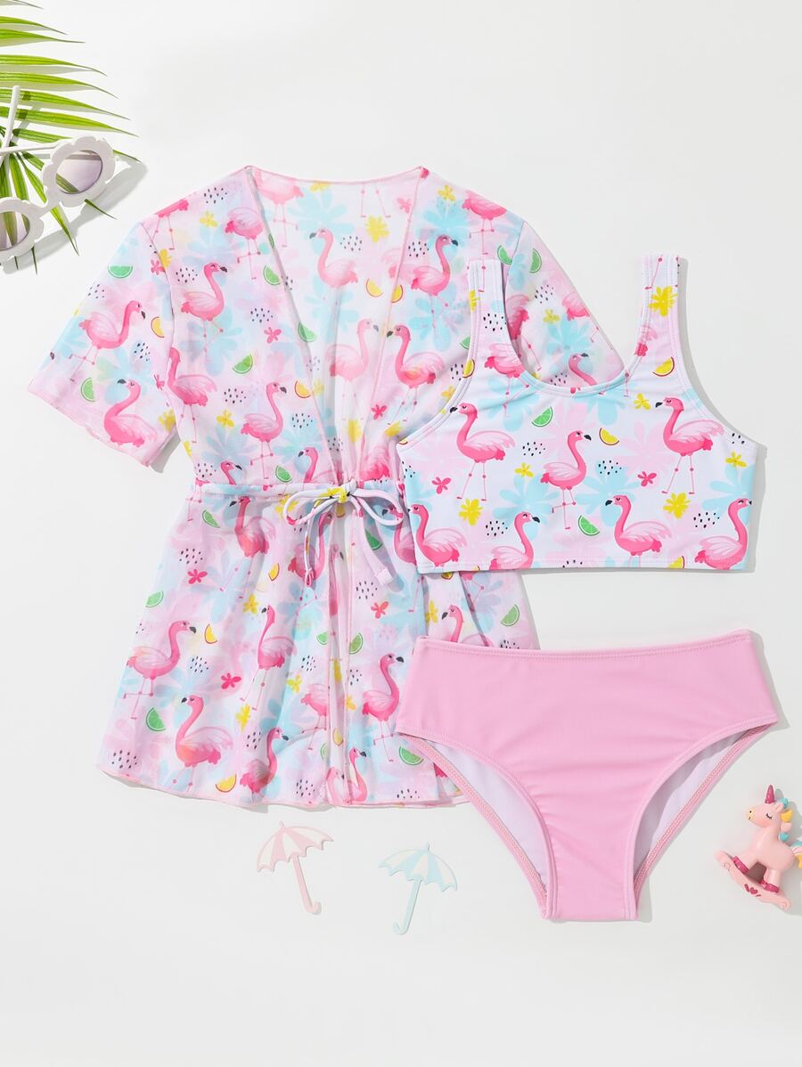 Young Girl Flamingo Print Bikini Set With Kimono Summer Beach - Pink - View 1