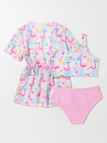 Young Girl Flamingo Print Bikini Set With Kimono Summer Beach - Pink - View 2