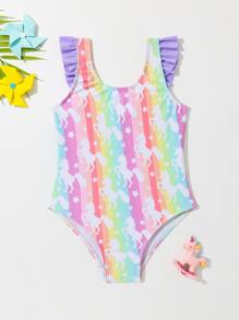 Toddler Girls Unicorn Print Ruffle Trim One Piece Swimsuit - Multicolor - View 1