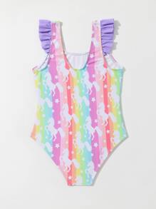 Toddler Girls Unicorn Print Ruffle Trim One Piece Swimsuit - Multicolor - View 2