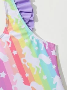 Toddler Girls Unicorn Print Ruffle Trim One Piece Swimsuit - Multicolor - View 5