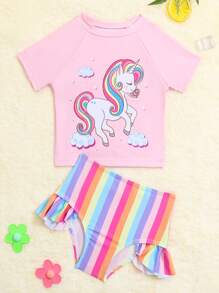 Baby Girl Unicorn Print Ruffle Trim Beachwear Summer Beach - Multicolor - View 1