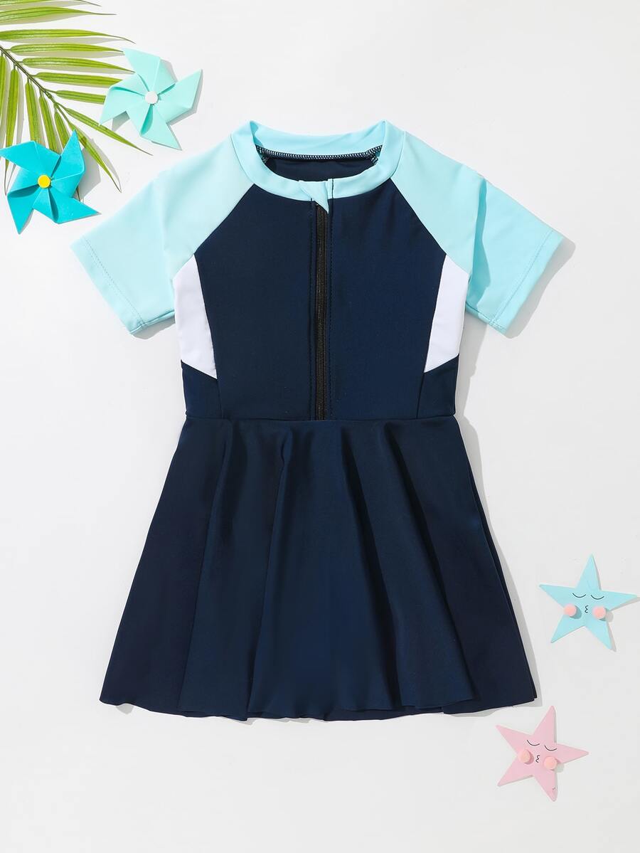 Toddler Girls Color Block Zipper Front One Piece Swimsuit - Navy Blue - View 1