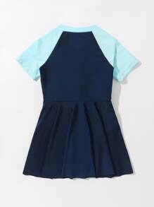 Toddler Girls Color Block Zipper Front One Piece Swimsuit - Navy Blue - View 2