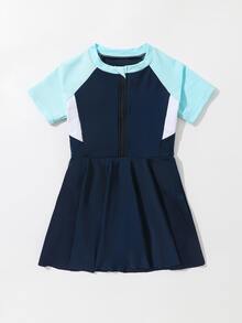 Toddler Girls Color Block Zipper Front One Piece Swimsuit - Navy Blue - View 3