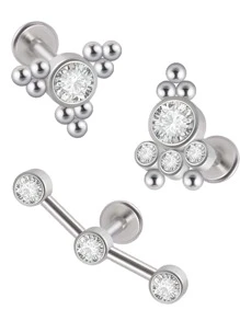 3 piezas Pendientes de tachuela con diseño de diamante de imitación - Plateado - Ver 1