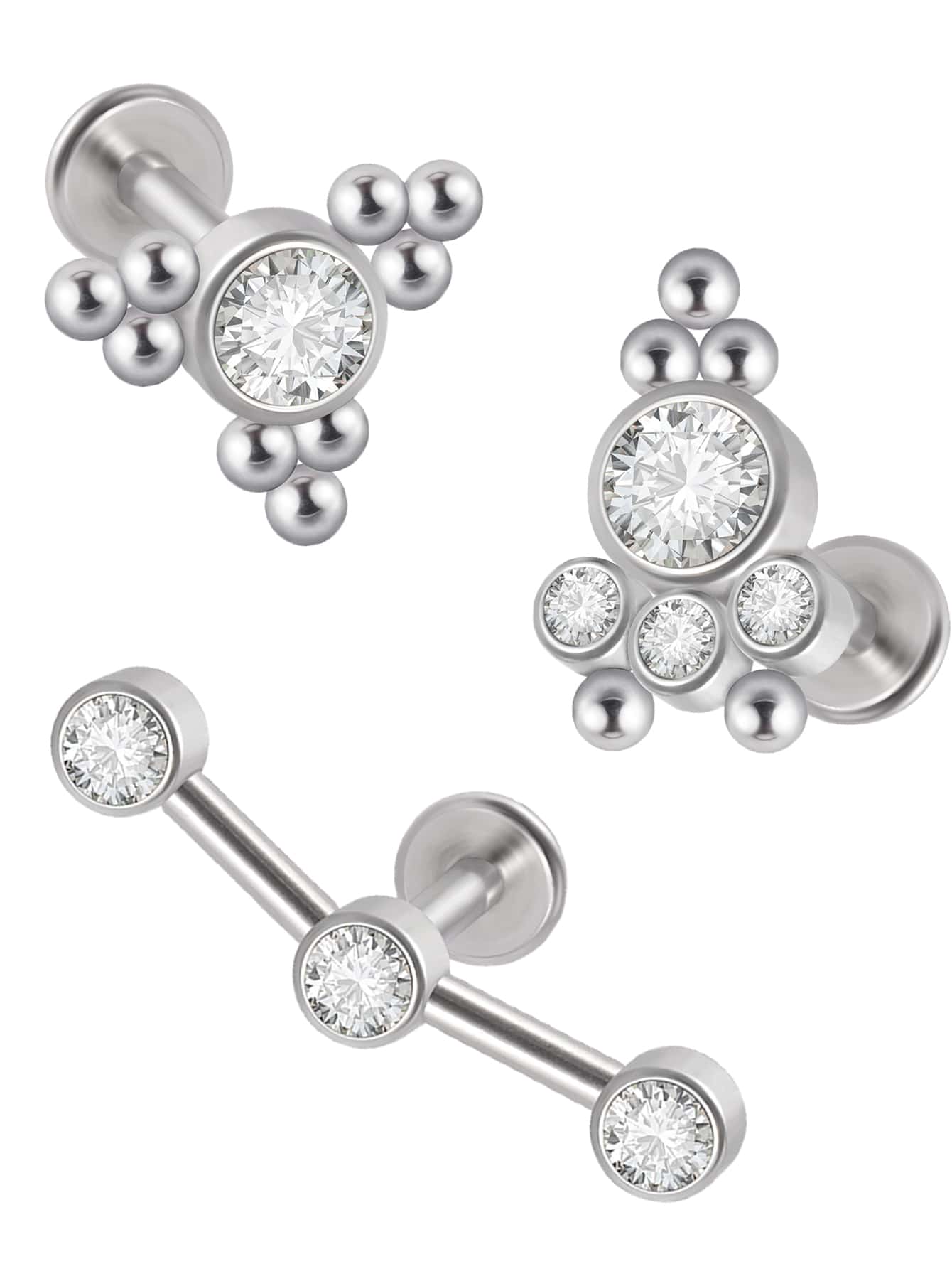 3 piezas Pendientes de tachuela con diseño de diamante de imitación - Plateado - Ver 1