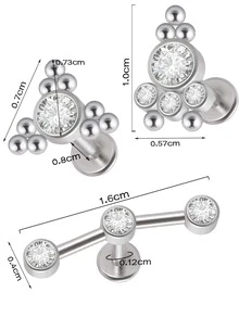 3 piezas Pendientes de tachuela con diseño de diamante de imitación - Plateado - Ver 3