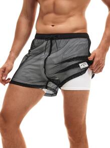 Manfinity Men Letter Patched Detail Swim Trunks - Black - View 1