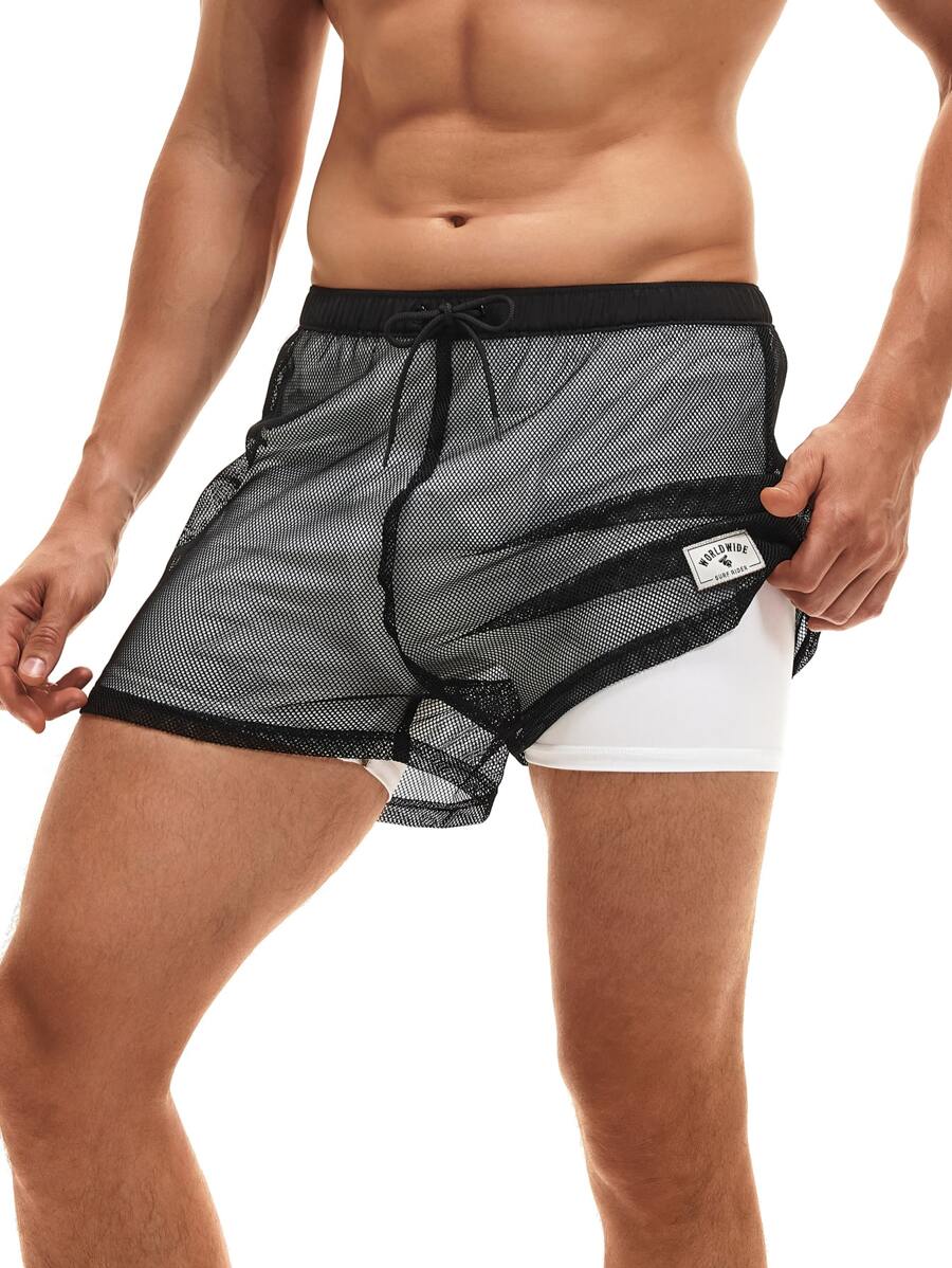 Manfinity Men Letter Patched Detail Swim Trunks - Black - View 1