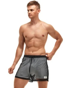 Manfinity Men Letter Patched Detail Swim Trunks - Black - View 5