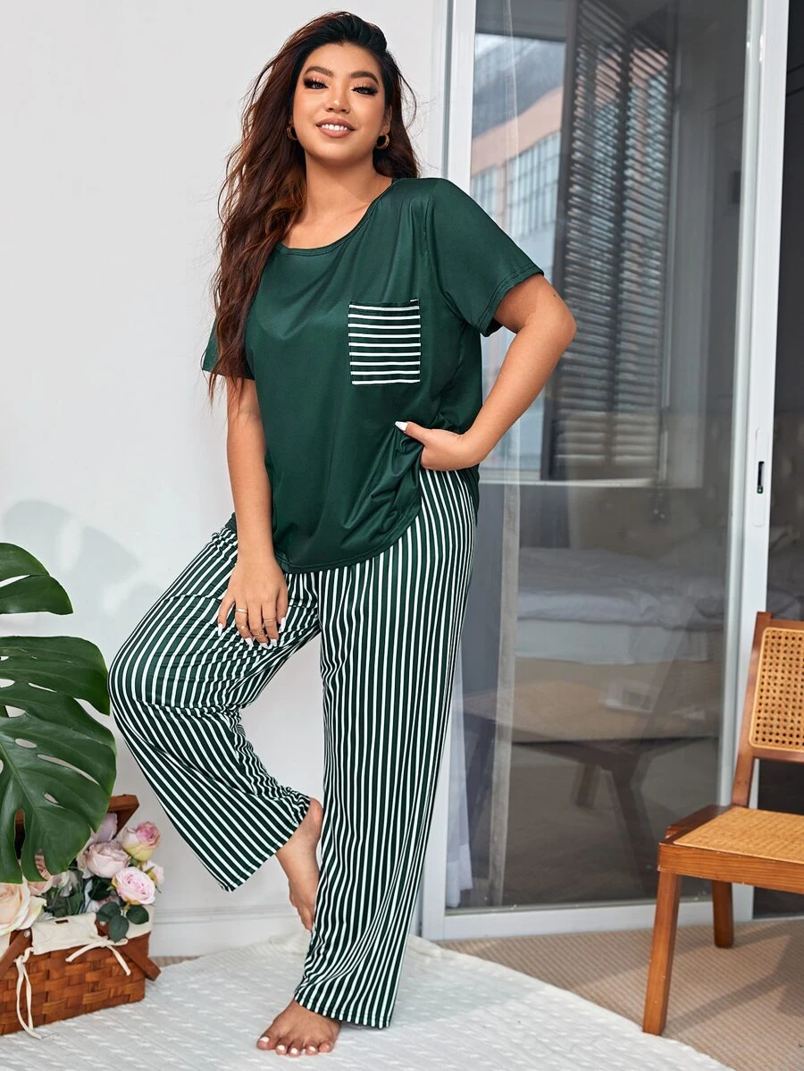 Plus Striped Print Pocket Patched PJ Set / Pajama Set - Green - View 1