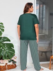 Plus Striped Print Pocket Patched PJ Set / Pajama Set - Green - View 2