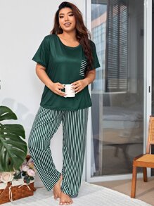 Plus Striped Print Pocket Patched PJ Set / Pajama Set - Green - View 3