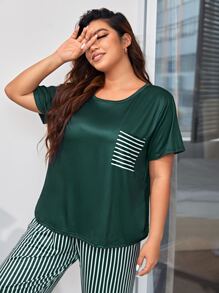 Plus Striped Print Pocket Patched PJ Set / Pajama Set - Green - View 5