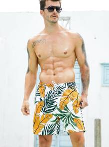 Manfinity Hombres Shorts de natación con estampado tropical de cintura con cordón - Blanco - Ver 3