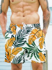 Manfinity Hombres Shorts de natación con estampado tropical de cintura con cordón - Blanco - Ver 4