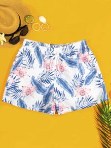 Manfinity Hombres Shorts de natación con estampado tropical de cintura con cordón - Multicolor - Ver 1