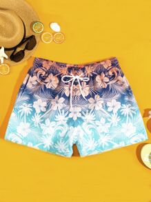 Manfinity Hombres Shorts de natación con estampado tropical de cintura con cordón - Multicolor - Ver 1