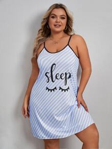Plus Striped & Letter Graphic Contrast Binding Cami Nightdress - Blue and White - View 1