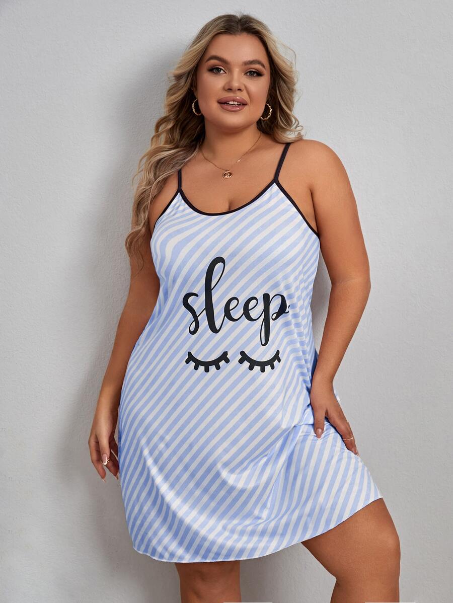 Plus Striped & Letter Graphic Contrast Binding Cami Nightdress - Blue and White - View 1