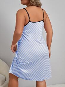 Plus Striped & Letter Graphic Contrast Binding Cami Nightdress - Blue and White - View 2