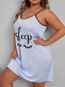 Plus Striped & Letter Graphic Contrast Binding Cami Nightdress - Blue and White - View 3
