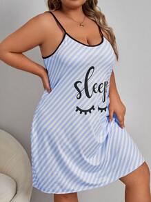 Plus Striped & Letter Graphic Contrast Binding Cami Nightdress - Blue and White - View 4