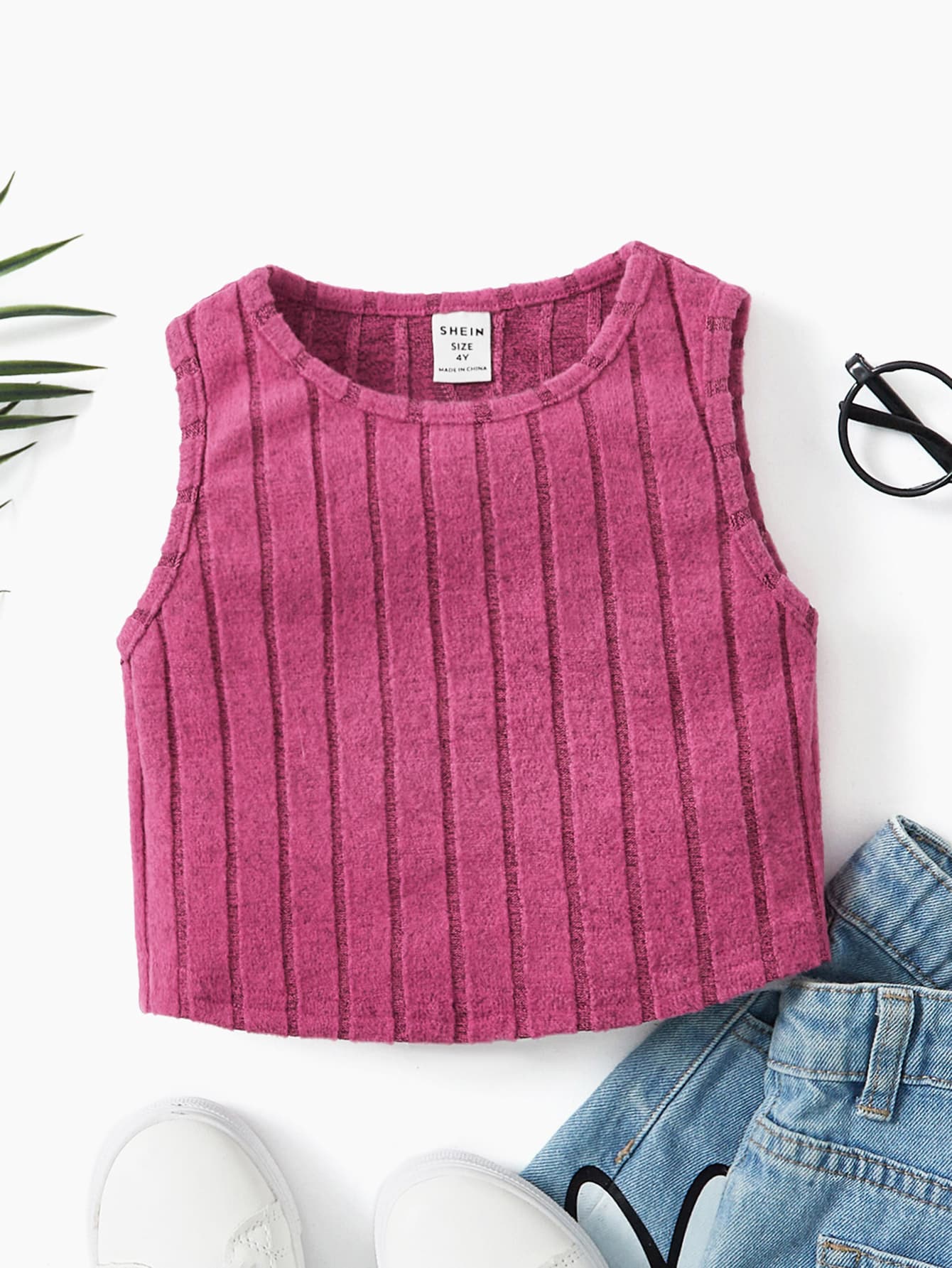 SHEIN Toddler Girl Tank Tops & Camis Gân đan màu trơn Giải trí - Màu Hồng Tươi - Xem 1