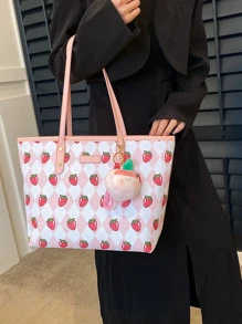 大容量單肩手提包草莓印花帶袋飾手提包、手提包、單肩包學院派、有趣、可愛、時髦、學院派材料皮革大包女式、女士、愛情和辦公室 - 粉色 - 查看 2
