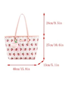 大容量單肩手提包草莓印花帶袋飾手提包、手提包、單肩包學院派、有趣、可愛、時髦、學院派材料皮革大包女式、女士、愛情和辦公室 - 粉色 - 查看 3