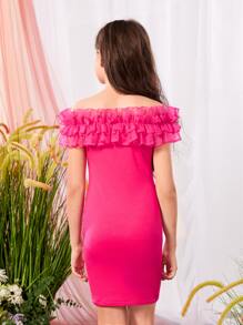 SHEIN Girls Off Shoulder Ruffle Trim Dress - Hot Pink - View 4