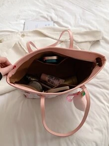 大容量單肩手提包草莓印花帶袋飾手提包、手提包、單肩包學院派、有趣、可愛、時髦、學院派材料皮革大包女式、女士、愛情和辦公室 - 粉色 - 查看 4