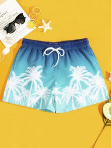 Manfinity Swimmode Hombres Shorts de natación con estampado de árbol de coco de ombré de cintura con cordón - Azul - Ver 1
