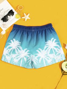 Manfinity Swimmode Hombres Shorts de natación con estampado de árbol de coco de ombré de cintura con cordón - Azul - Ver 2