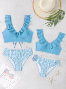 Conjunto de bikini de flores pequeñas con ribete de volantes para playa de verano - Azul - Ver 3