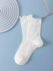 1pair Women Solid Lettuce Trim Casual Style Crew Socks, For Daily Life