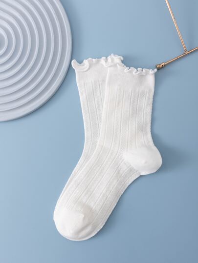 1pair Women Solid Lettuce Trim Casual Style Crew Socks, For Daily Life