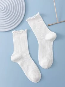 1pair Women Solid Lettuce Trim Casual Style Crew Socks, For Daily Life