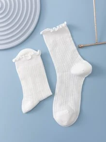 1pair Women Solid Lettuce Trim Casual Style Crew Socks, For Daily Life