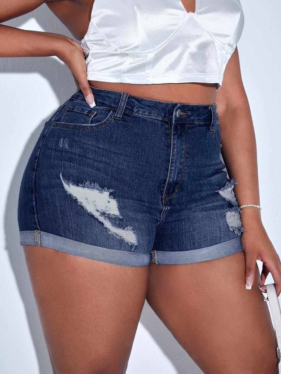 SHEIN SXY Quần short denim oversized Nút Túi Dây kéo màu trơn - Rửa tối - Xem 1