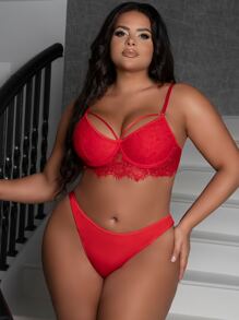 大碼蕾絲拼接貝殼邊文胸和內褲套裝 - 紅色 - 查看 1