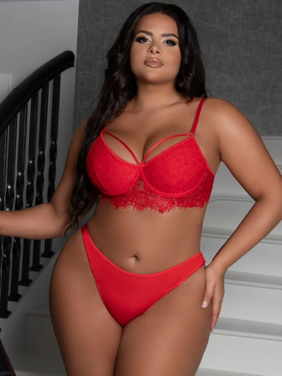 大碼蕾絲拼接貝殼邊文胸和內褲套裝 - 紅色 - 查看 1