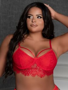 Plus Floral Lace Harness Underwire Bra - Red - View 3