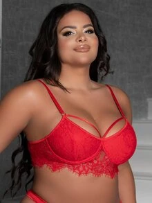 Plus Floral Lace Harness Underwire Bra - Red - View 4