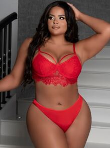 大碼蕾絲拼接貝殼邊文胸和內褲套裝 - 紅色 - 查看 3