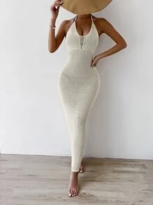 SHEIN Swim Ripped Tie Backless Halter Cover Up Dress,Summer Beach - Apricot - View 1