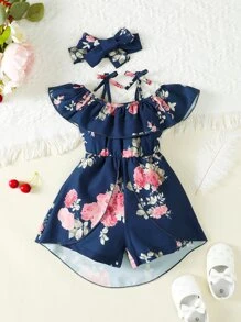 Rompers Em bé Xù Hoa - Màu xanh hải quân - Xem 1