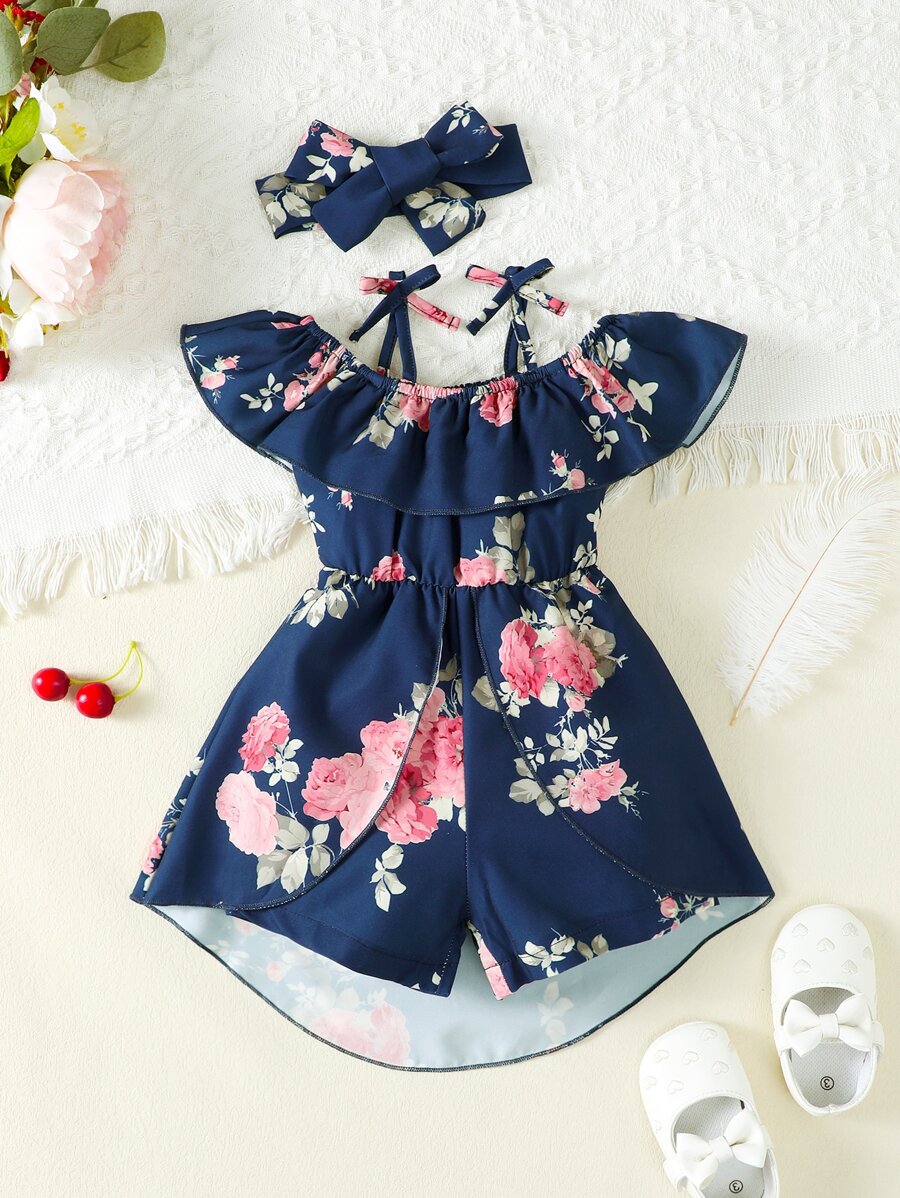 Rompers Em bé Xù Hoa - Màu xanh hải quân - Xem 1